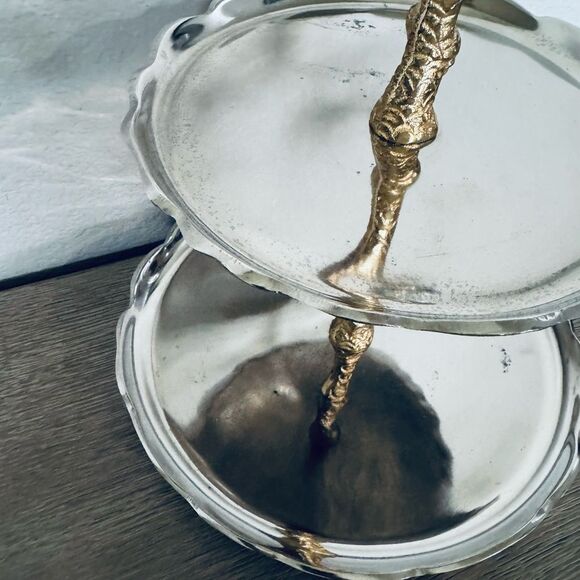 Metal Silver Gold Bird Branch Tiered Tray Centerpiece Serveware Decor - Picture 3 of 6